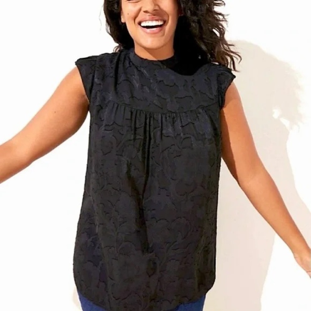 Women's Loft Black Jacquard Ruffle‎ Flutter Sleeve Top XS Whimsical Chic Minimal